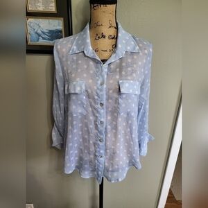 Living Doll Semi Sheer Button Down Polka Dot Light Blue